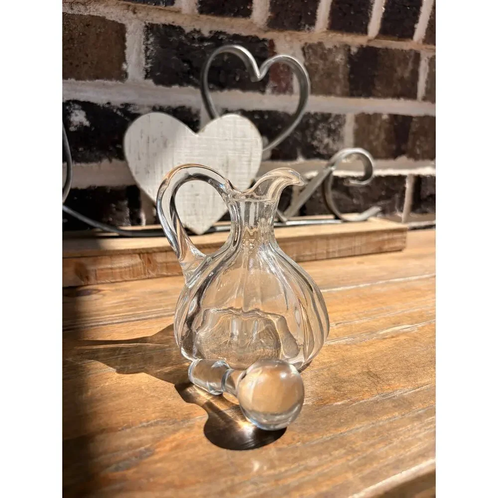 Vintage Clear Glass Cruet Decanter w Stopper Ribbed Fluted Oil Vinegar Pitcher